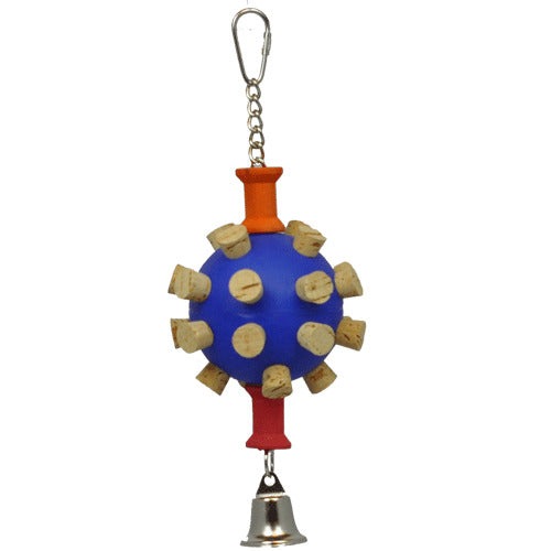 Bird toy with colorful wiffle ball and corks for chewing, hanging chain, wooden spool, and bell; helps exercise and entertain small to large birds, dimensions 9” x 4” x 4”.