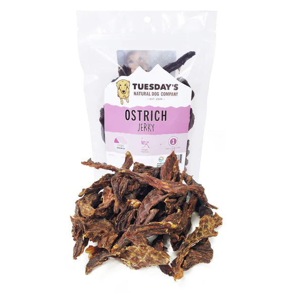 Tuesdays Natural Dog Company  Ostrich Jerky Dog Treats