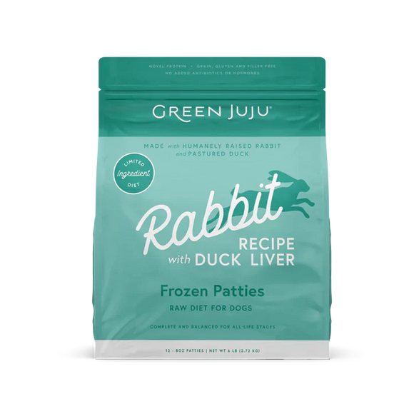 Green Juju Rabbit Recipe with Duck Liver Frozen Patties & Sliders Raw Diet for Dogs (3 LB)