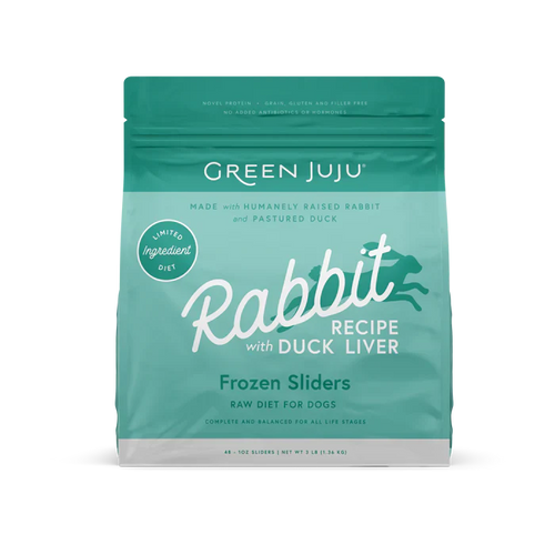 Green Juju Rabbit Recipe with Duck Liver Frozen Patties & Sliders Raw Diet for Dogs (3 LB)