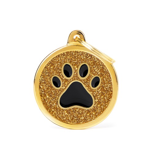 MyFamily Shine Big Circle Gold Glitter Black Paw ID Tag