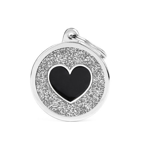 MyFamily Shine Big Grey Glitter Circle Black Heart ID Tag