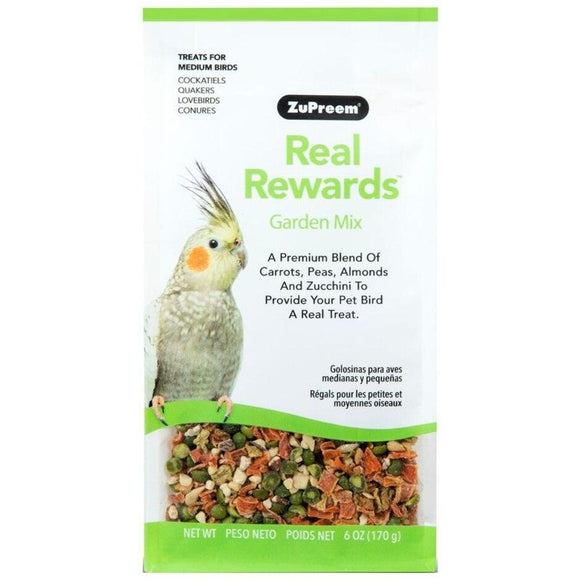 Garden mix bird treats for cockatiels and conures with carrots, peas, almonds, and zucchini.